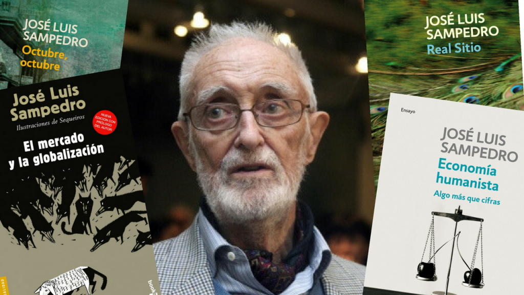 10 ideas que nos dejó José Luis Sampedro Foto de Sampedro, por cortesía de la editorial Debolsillo, y cuatro de sus numerosos libros: "El mercado y la globalización", editado por Booket, "Octubre, octubre" –el primero de la trilogía "Los círculos del tiempo"–, "Real sitio" –el tercero– y "Economía humanista. Algo más que cifras", los tres de Debolsillo.