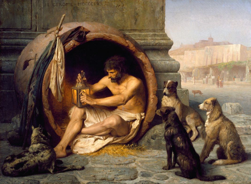 Jean-Léon_Gérôme_-_Diogenes_-_Walters_37131 Diógenes en su tinaja rodeado de perros. De ahí viene el nombre de los cínicos, del griego