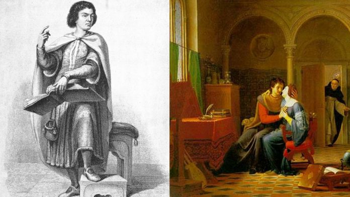 Abelardo (imagen izda., Cropped File: Character sketches of romance, fiction and the drama, dominio público Wikimedia Commons) y Eloísa (imagen dcha. Los amores de Abelard y Eloísa, de Jean Vignaud, dominio público Wikimedia Commons). Pedro Abelardo, el profesor, y la joven alumna Heloísa se convirtieron en amantes, manteniendo su apasionada relación en secreto desde que se conocieron, en 1115, hasta que Heloísa tuvo a su hijo Astrolabio, en 1119. Acabaron casándose.