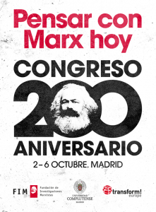 Karl Marx quiere cambiarlo todo Cartel del Congreso Internacional "Pensar con Marx hoy" que se celebra la primera semana de octubre en la facultad de Ciencias Políticas y Sociología de la Universidad Complutense de Madrid.