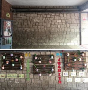 Jugar a pensar: filosofía para niños Arriba, el "antes", la pared del colegio Obispo Perelló que los niños escogieron para crear el jardín. Abajo, el "después", el Jardín de Juanita ya creado.