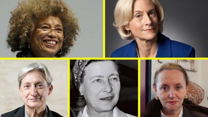 Filósofas feministas Angela Davis (arriba izda.), Martha Nussbaum (arriba dcha.), Judith Butler (abajo izda.), Simone de Beauvoir (abajo centro), Amelia Valcárcel (abajo dcha.), Graciela Hierro Pérezcastro, Victoria Camps, María Zambrano, Mary Wollstonecraft y Celia Amorós, diez filósofas fundamentales del feminismo.
