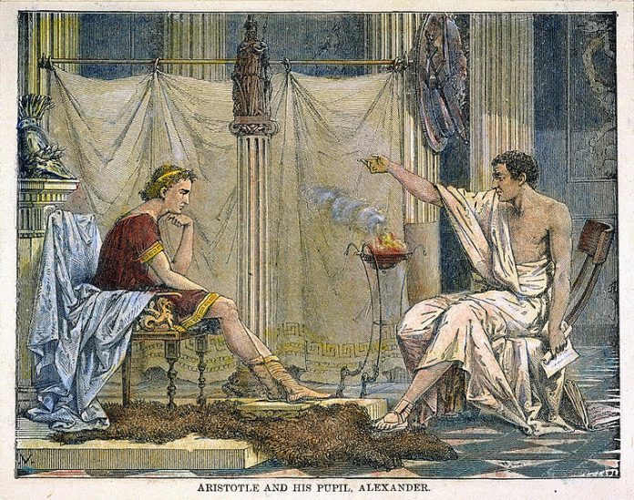 AlexanderyAristotle2 Grabado de Charles Laplante que se insertó por primera vez como ilustración en el libro de Louis Figuier, «Vida de los sabios ilustres» (París, 1866) También publicado por la Biblioteca Pública de Nueva York en su Galería Digital con el subtítulo: