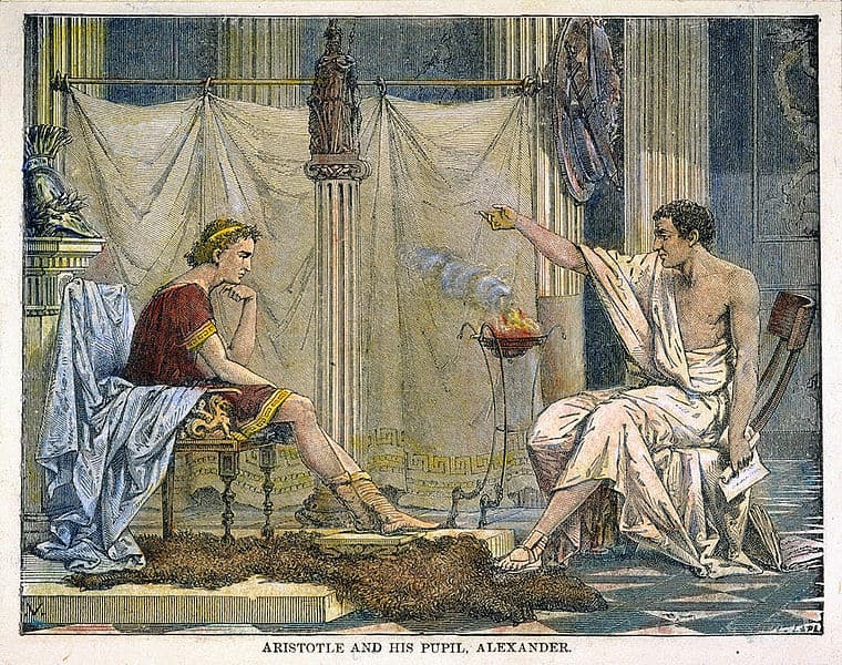 AlexanderyAristotle2 Grabado de Charles Laplante que se insertó por primera vez como ilustración en el libro de Louis Figuier, «Vida de los sabios ilustres» (París, 1866) También publicado por la Biblioteca Pública de Nueva York en su Galería Digital con el subtítulo: