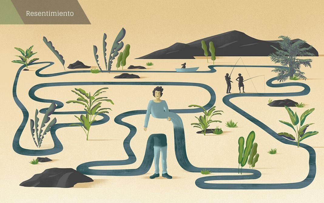 Dosier Resentimiento «Los daños sufridos te deforman, te transforman, te pueden llegar a partir en dos, pero quién dice que no se pueda intentar convertir eso en algo beneficioso para todos y también para uno mismo?». En esta ocasión no solo la ilustración, sino también esas palabras de Ana Yael iluminan esta exploración por los meandros del resentimiento. @ Ana Yael
