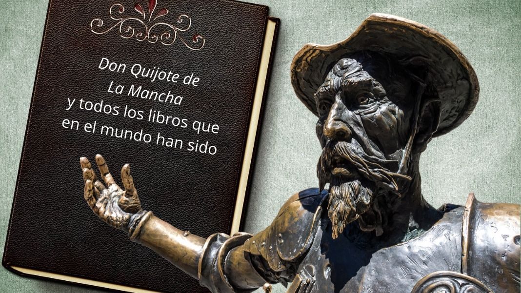Don Quijote. Diseño hecho a partir de dos imágenes de Pixabay: la del libro, de DarkWorkX, y la de don Quijote, de Momentmal. «El destino de don Quijote es creer(se) en los libros, hacerse vida en los libros y hacerlos realidad en la única realidad posible: la propia existencia. Fue esta decisión la que hizo que se enfrentara, sin miedo, a la autoridad, e incluso desafiar a las leyes, en pos de su concepción de la libertad y la justicia. Una concepción arraigada en los libros: su único credo», escribe González Serrano.