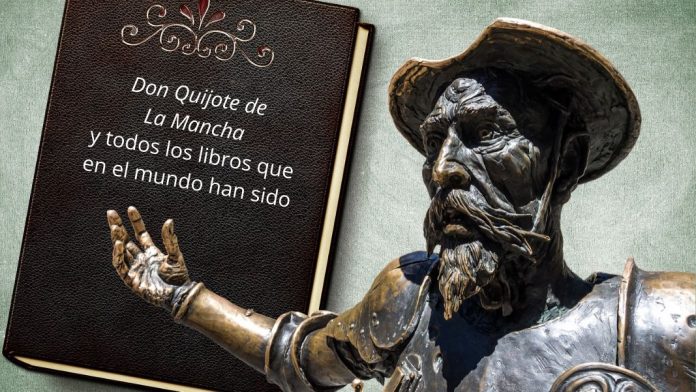 Don Quijote. Diseño hecho a partir de dos imágenes de Pixabay: la del libro, de DarkWorkX, y la de don Quijote, de Momentmal. «El destino de don Quijote es creer(se) en los libros, hacerse vida en los libros y hacerlos realidad en la única realidad posible: la propia existencia. Fue esta decisión la que hizo que se enfrentara, sin miedo, a la autoridad, e incluso desafiar a las leyes, en pos de su concepción de la libertad y la justicia. Una concepción arraigada en los libros: su único credo», escribe González Serrano.