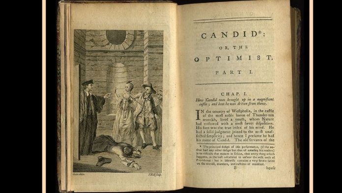 Cándido o el optimismo, de Voltaire Primera página del capítulo 1 de una temprana traducción inglesa de T. Smollett (y otros) de «Cándido», de Voltaire, Londres, impresa para J. Newbery (y otros), 1762 (Prose Works, vol. XVIII, pág. 1-141). Colección privada de S. Whitehead. Autor: diseño, James Gwin; grabado, John Hall (1739-1797). Imagen de domino público distribuida por Wikimedia Commons.