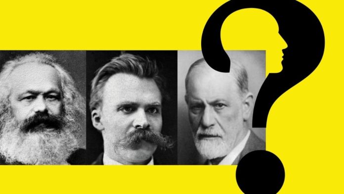Marx, Nietzsche y Freud Marx, Nietzsche y Freud siguen influyendo en el pensamiento contemporáneo. Diseño hecho con ilustración de interrogante de Gordon Johnson en Pixabay; foto de Marx, de John Jabez Edwin Mayall; foto de Nietzsche, de Friedrich Hartmann, y de Freud, de Max Halberstadt, todas vía Wikimedia Commons.