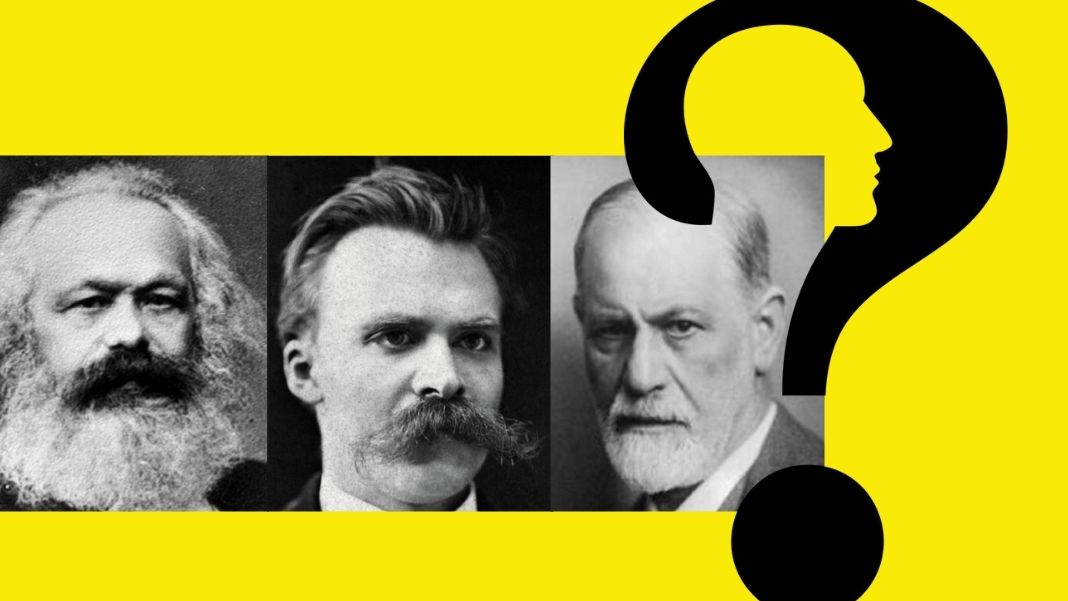 Marx, Nietzsche y Freud Marx, Nietzsche y Freud siguen influyendo en el pensamiento contemporáneo. Diseño hecho con ilustración de interrogante de Gordon Johnson en Pixabay; foto de Marx, de John Jabez Edwin Mayall; foto de Nietzsche, de Friedrich Hartmann, y de Freud, de Max Halberstadt, todas vía Wikimedia Commons.