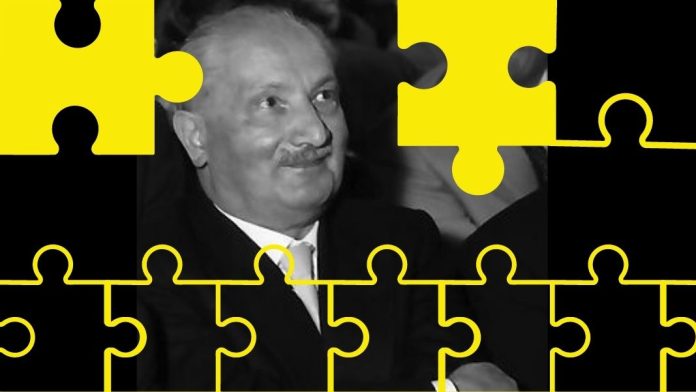 Diseño hecho a partir de una foto de Heidegger distribuida por Wikimedia Commons bajo licencia CC BY-SA 3.0. Autor: Willy Pragher. Fuente: Landesarchiv Baden-Württenberg. Escribe Tepichín: «Al día de hoy muchos pensadores a favor o en contra observan la filosofía y la política de Martin Heidegger como si fuese un eclipse, como si estas fueran la luna y el sol acercándose una con otra, pero pierden de vista la sombra que provoca el eclipse. Intentemos develar esa sombra, imposible de observar, pues está sobre nosotros, nos cubre; sólo el pensamiento nos permitirá dar cuenta de esa sombra».