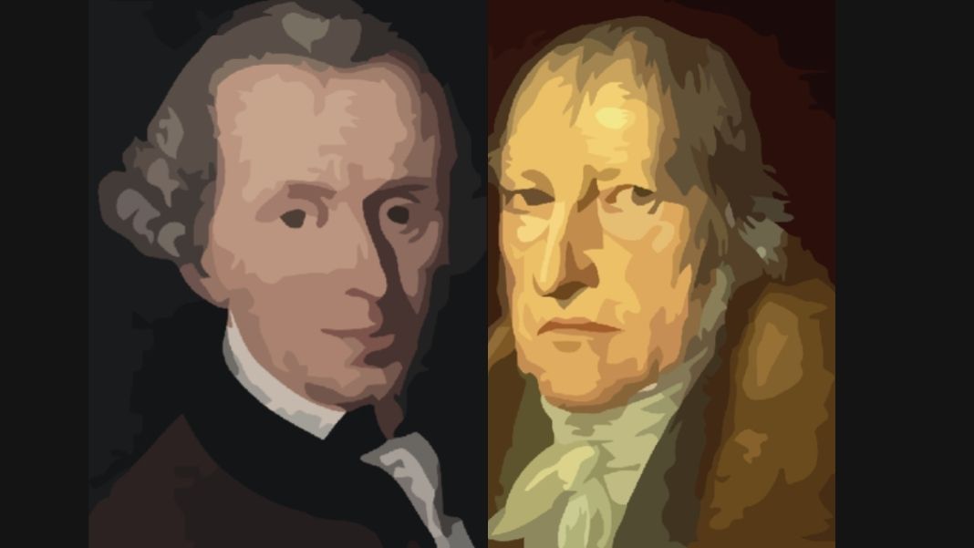 En su teoría política, Kan y Hegel polemizan con el realismo político. Diseño realizado a partir de imagen de Hegel (dcha.) de dominio público e imagen de Kant (izda.) bajo licencia CC (CC BY-SA 3.0), extraídas de la Gran Enciclopedia Noruega (snl.no) En su teoría política, Kan y Hegel polemizan con el realismo político. Diseño realizado a partir de imagen de Hegel (dcha.) de dominio público e imagen de Kant (izda.) bajo licencia CC (CC BY-SA 3.0), extraídas de la Gran Enciclopedia Noruega (snl.no)